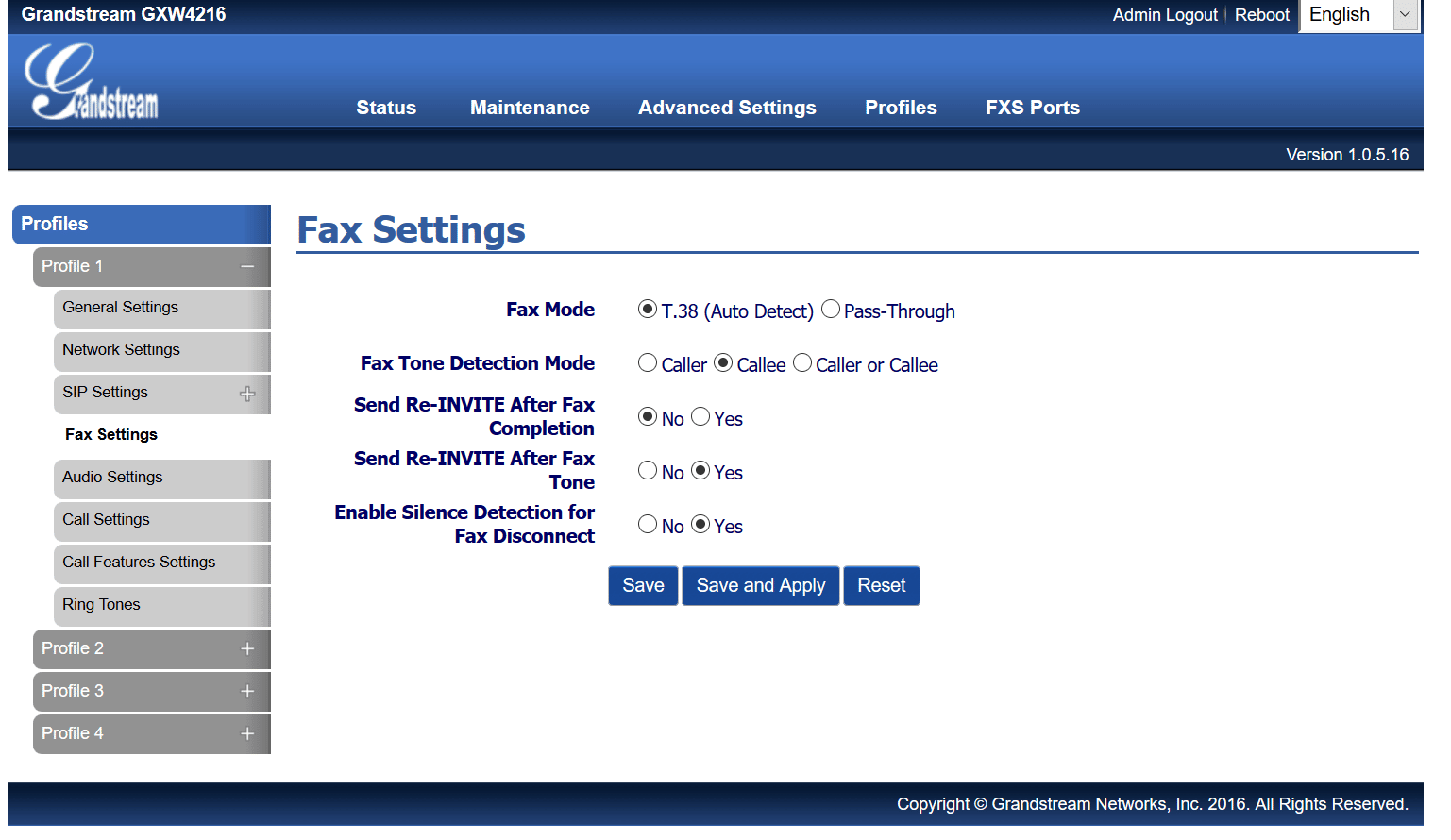 Grandstream GXW4200 - Profile 1 - Fax Settings